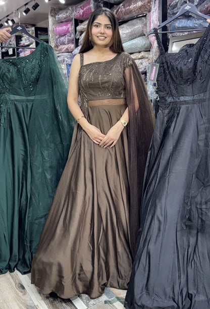 Full Flared Designer Anarkali Dress with Falling Connected Dupatta on One Side Shoulder