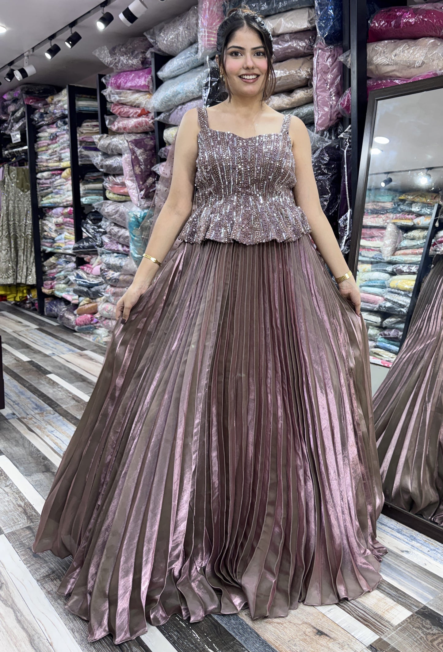 Spagheti Style Hand Embellished Organza Anarkali Modern Style Dress with Falling Sleeves