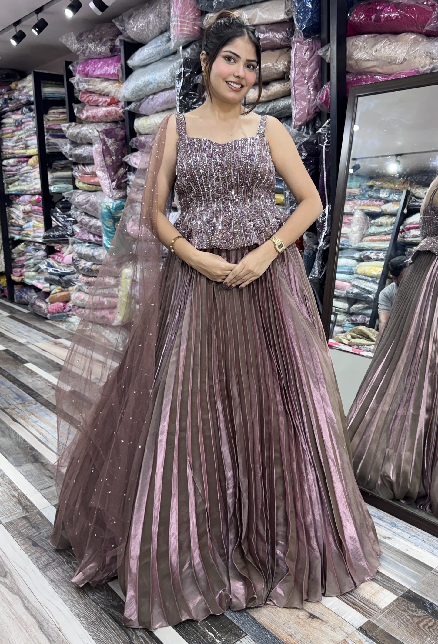 Spagheti Style Hand Embellished Organza Anarkali Modern Style Dress with Falling Sleeves