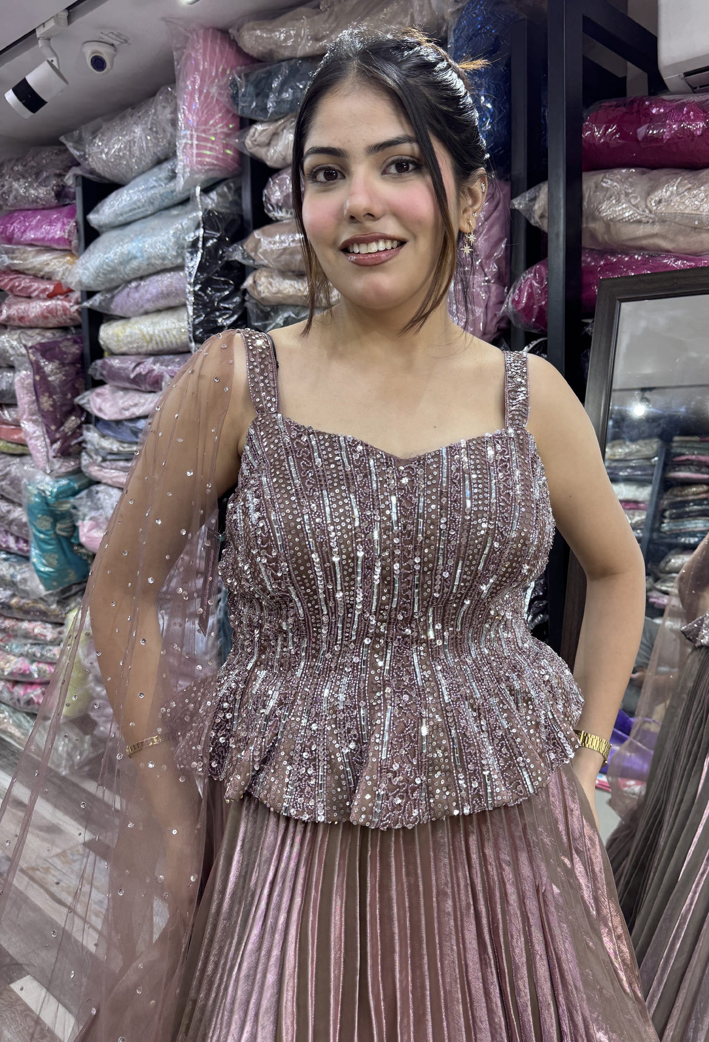 Spagheti Style Hand Embellished Organza Anarkali Modern Style Dress with Falling Sleeves