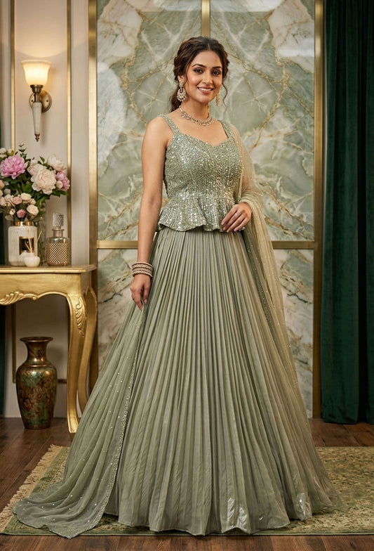 Spagheti Style Hand Embellished Organza Anarkali Modern Style Dress with Falling Sleeves