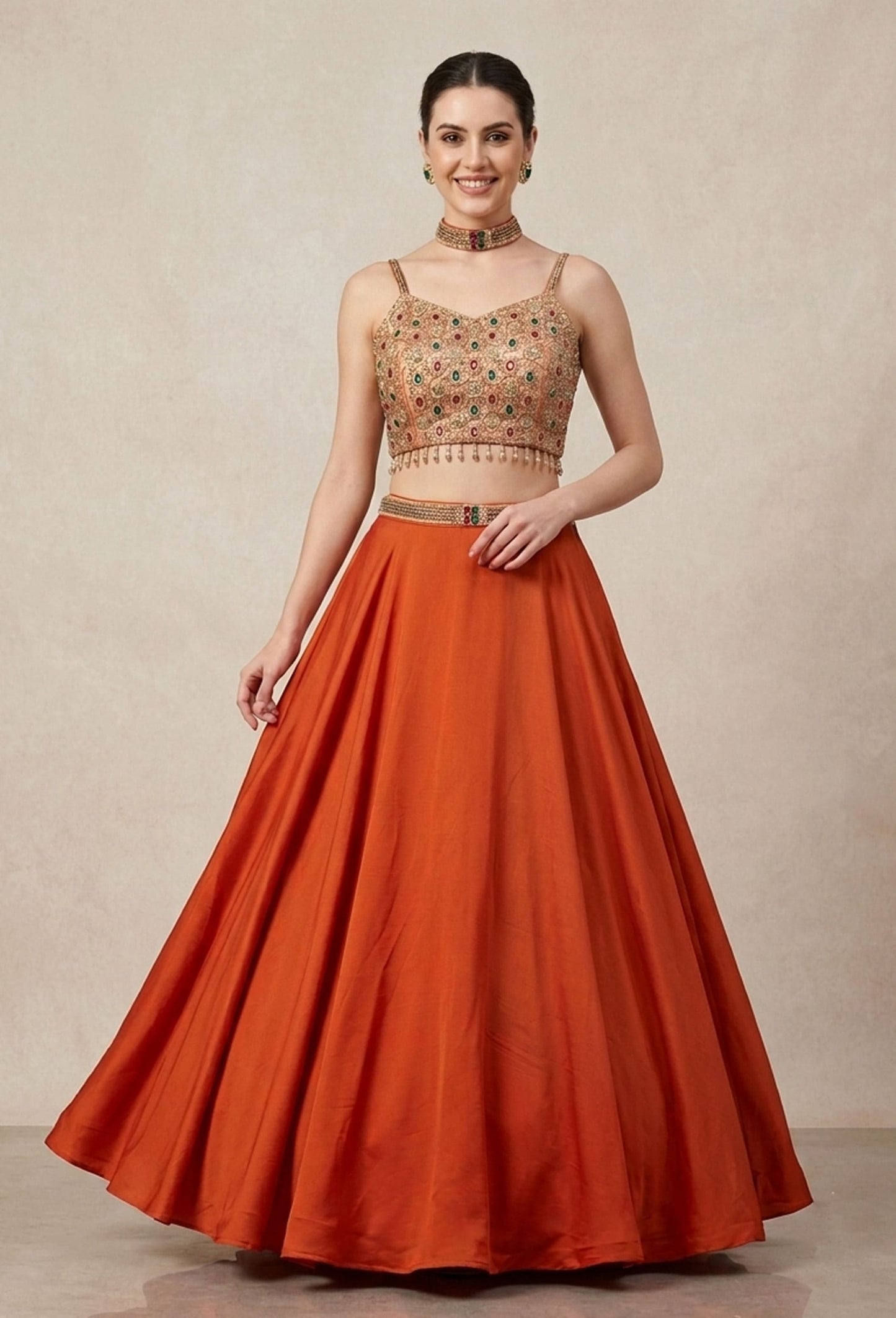 Spaghetti Style Emerald Stone Work Lehenga Choli with Choker Dupatta