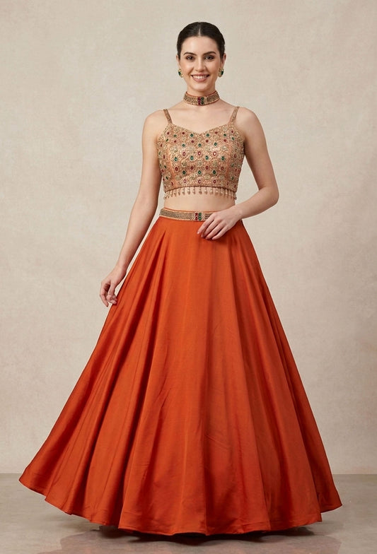 Spaghetti Style Emerald Stone Work Lehenga Choli with Choker Dupatta