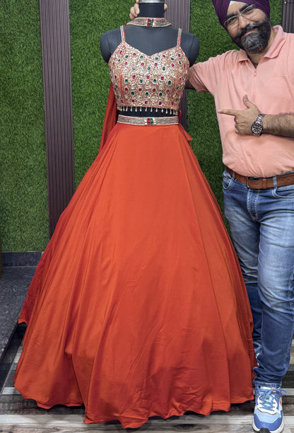 Spaghetti Style Emerald Stone Work Lehenga Choli with Choker Dupatta