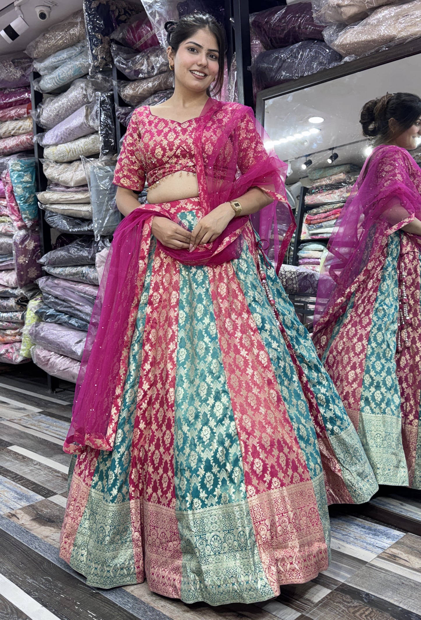 Pure Banarasi Kaliya Lehenga Choli with Half Sleeve Blouse & Border Dupatta