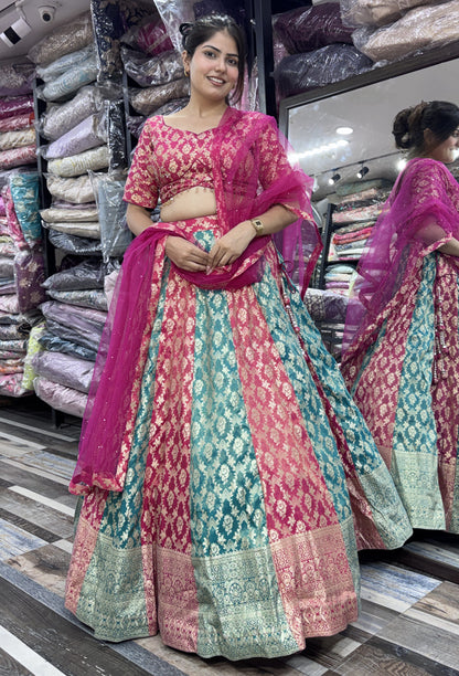 Pure Banarasi Kaliya Lehenga Choli with Half Sleeve Blouse & Border Dupatta