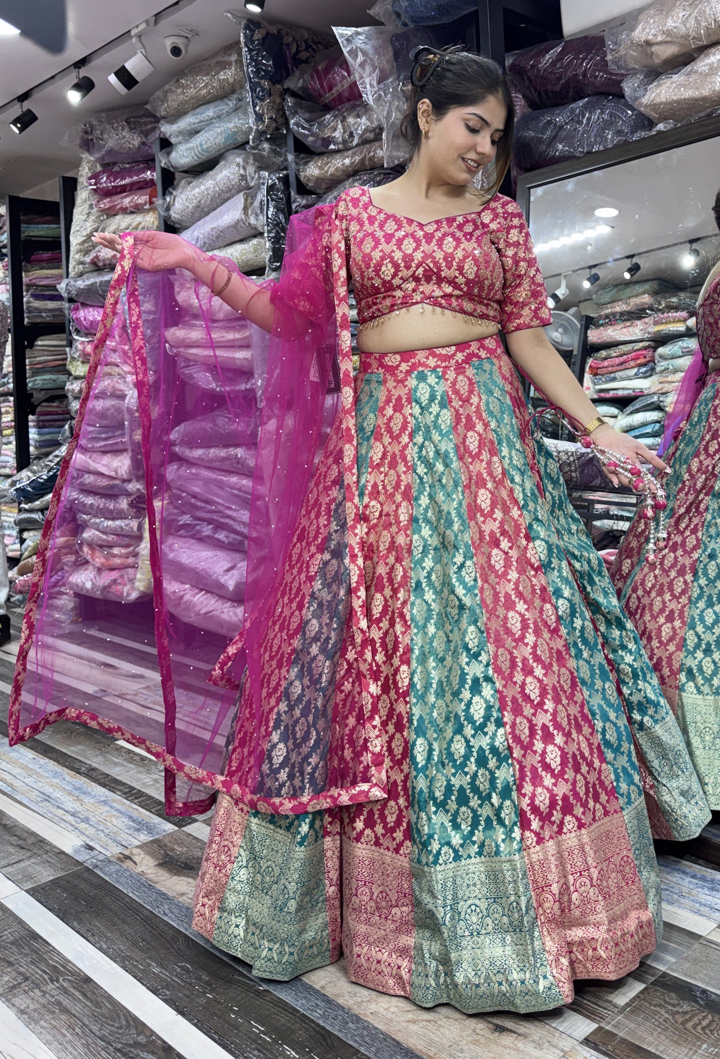 Pure Banarasi Kaliya Lehenga Choli with Half Sleeve Blouse & Border Dupatta