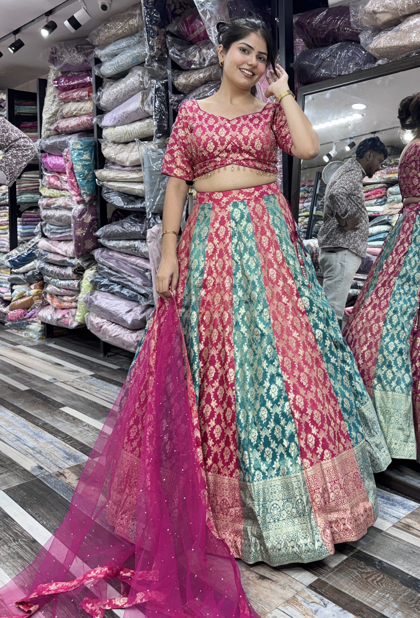 Pure Banarasi Kaliya Lehenga Choli with Half Sleeve Blouse & Border Dupatta