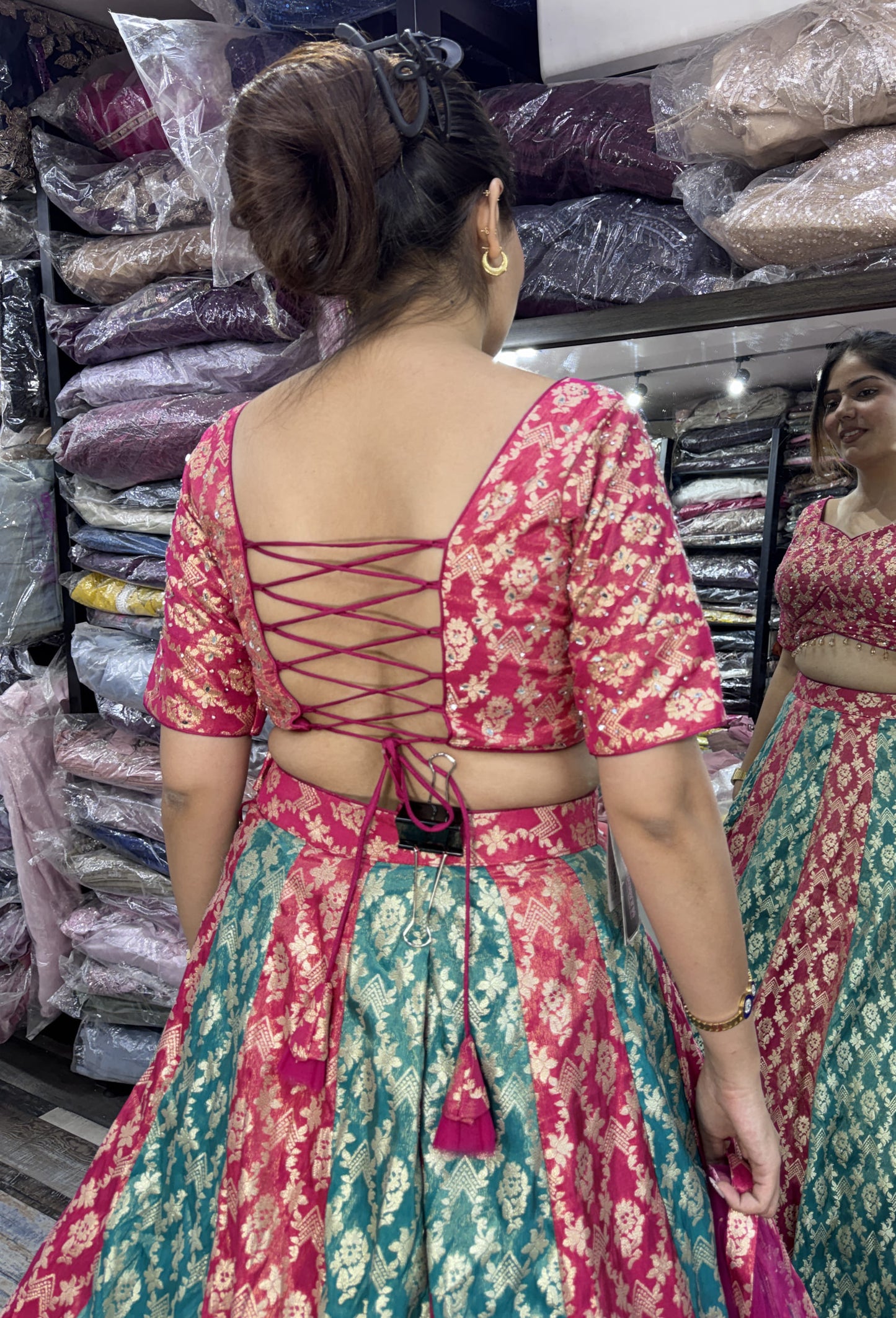 Pure Banarasi Kaliya Lehenga Choli with Half Sleeve Blouse & Border Dupatta