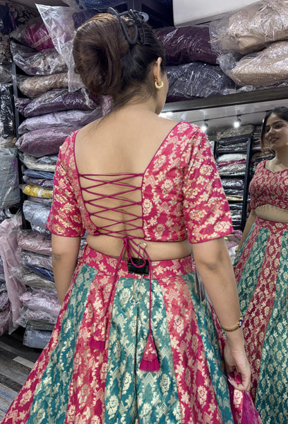 Pure Banarasi Kaliya Lehenga Choli with Half Sleeve Blouse & Border Dupatta