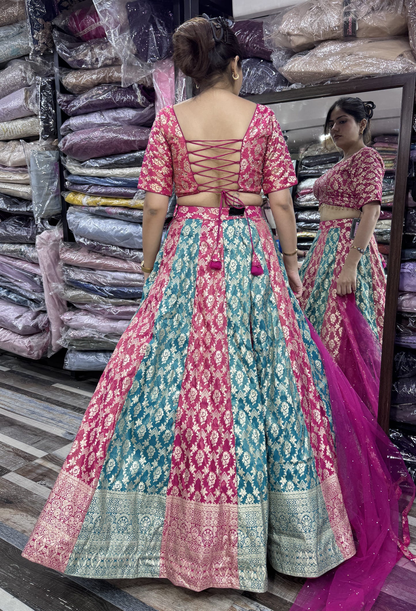Pure Banarasi Kaliya Lehenga Choli with Half Sleeve Blouse & Border Dupatta