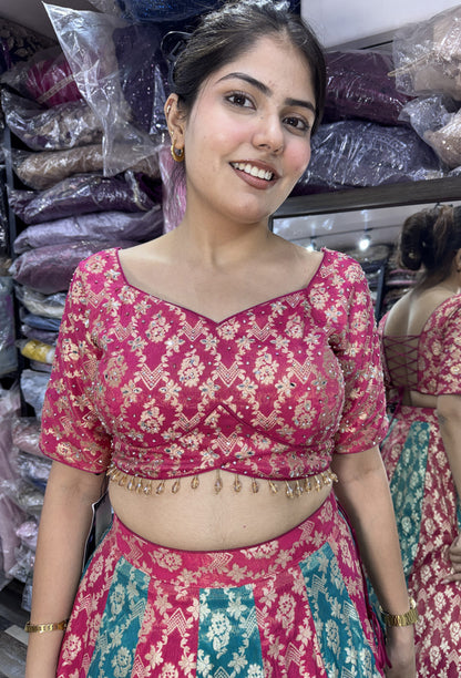 Pure Banarasi Kaliya Lehenga Choli with Half Sleeve Blouse & Border Dupatta