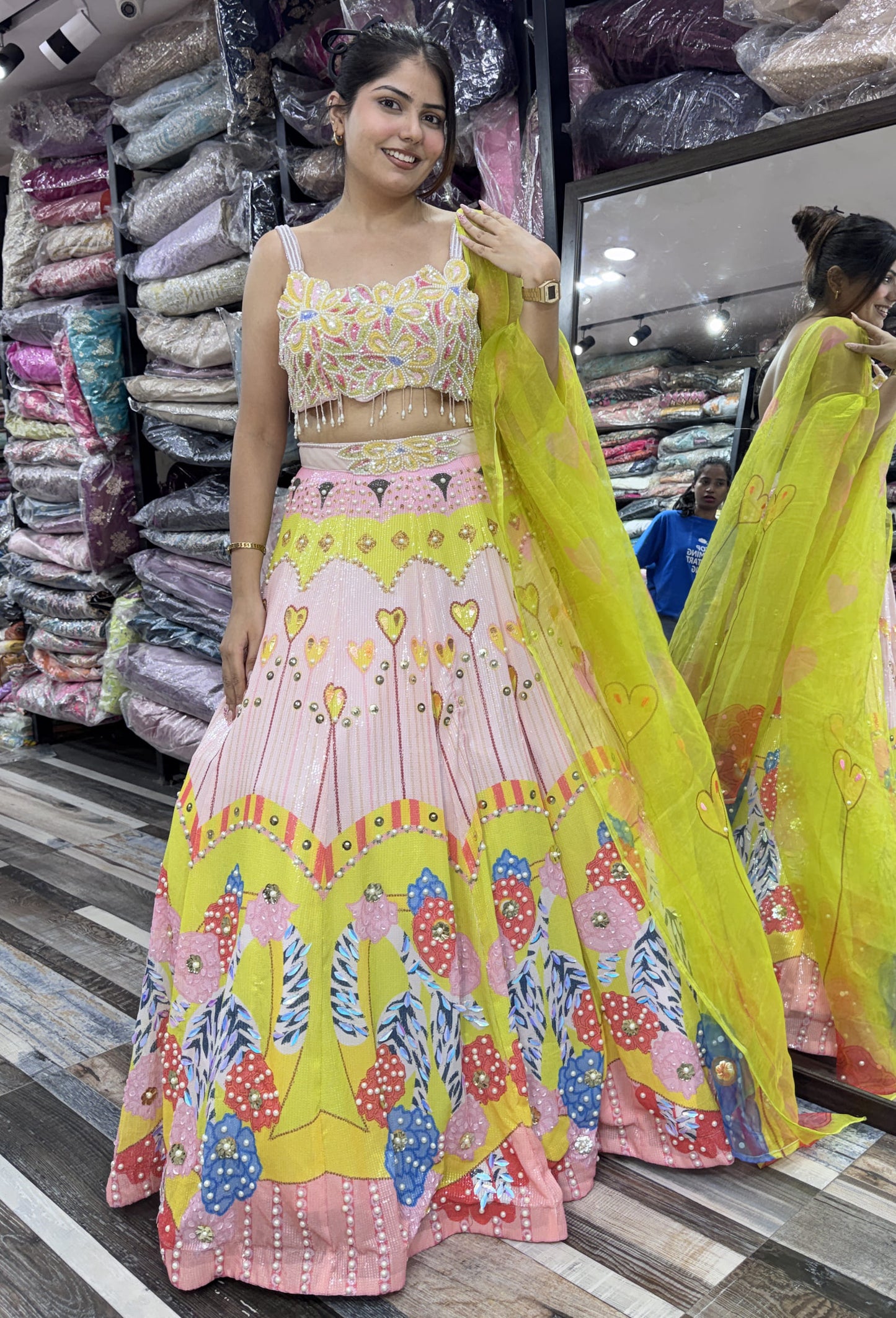PDP Style Didgital Printed Neon Lehenga Choli with Pearl Beaded Blouse & Contrast Dupatta