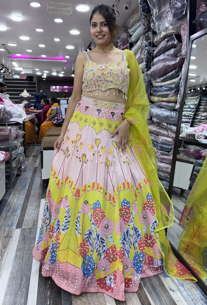 PDP Style Didgital Printed Neon Lehenga Choli with Pearl Beaded Blouse & Contrast Dupatta