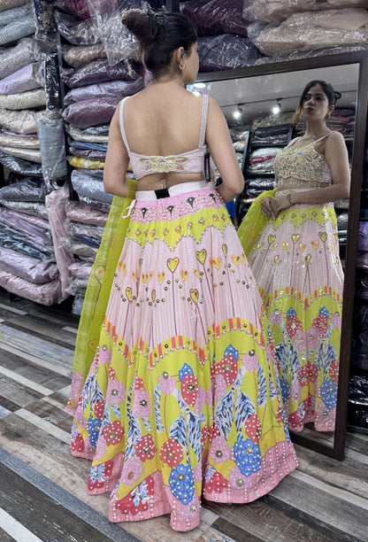 PDP Style Didgital Printed Neon Lehenga Choli with Pearl Beaded Blouse & Contrast Dupatta