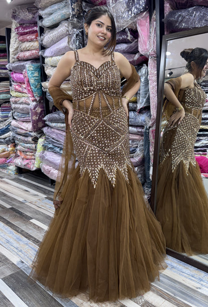 Hand Embellished Fish Cut Lehenga with Corset Style Choli and Embroidered Net Dupatta