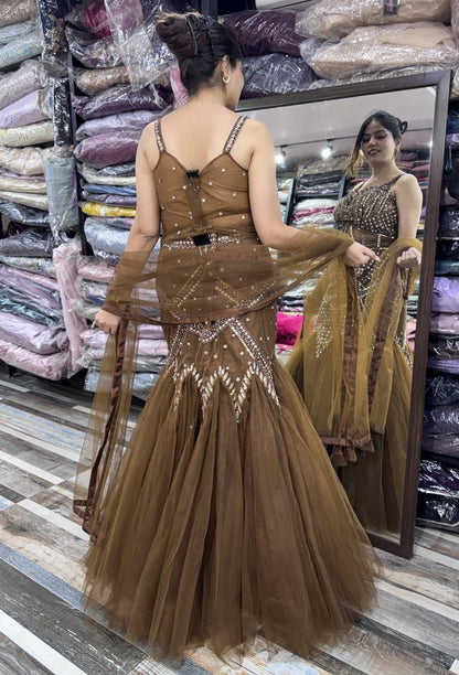 Hand Embellished Fish Cut Lehenga with Corset Style Choli and Embroidered Net Dupatta