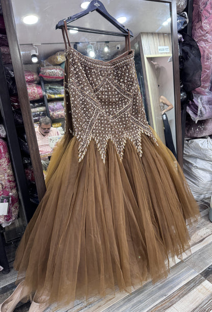 Hand Embellished Fish Cut Lehenga with Corset Style Choli and Embroidered Net Dupatta