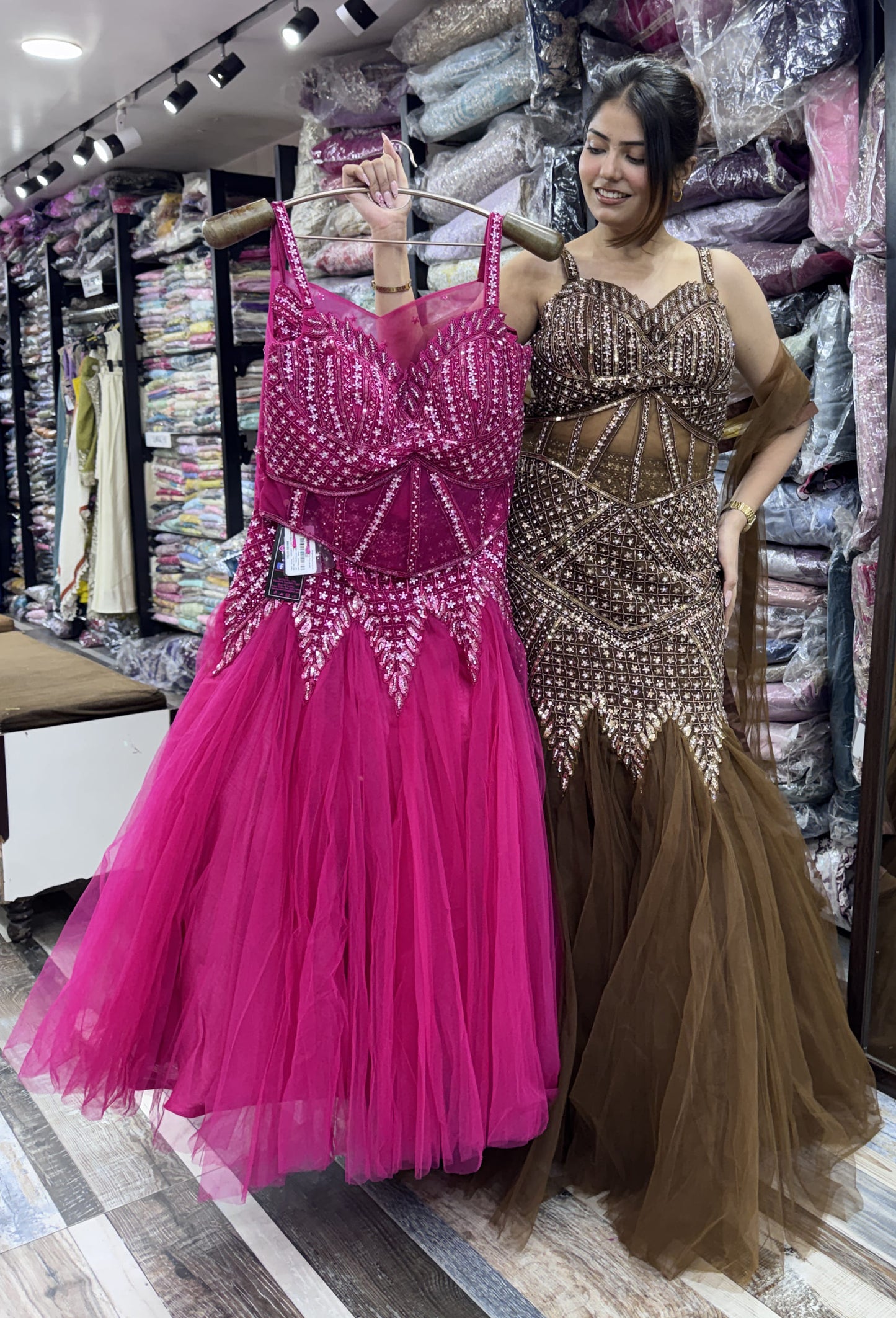 Hand Embellished Fish Cut Lehenga with Corset Style Choli and Embroidered Net Dupatta