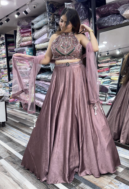 Halter Neck Emerald Stone Work Lehenga Choli with Net Dupatta