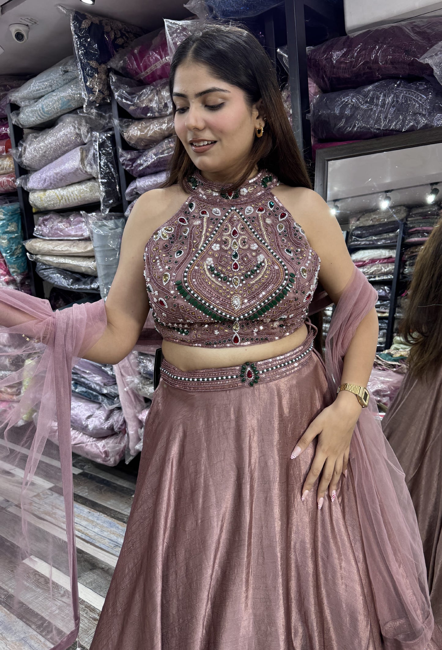 Halter Neck Emerald Stone Work Lehenga Choli with Net Dupatta