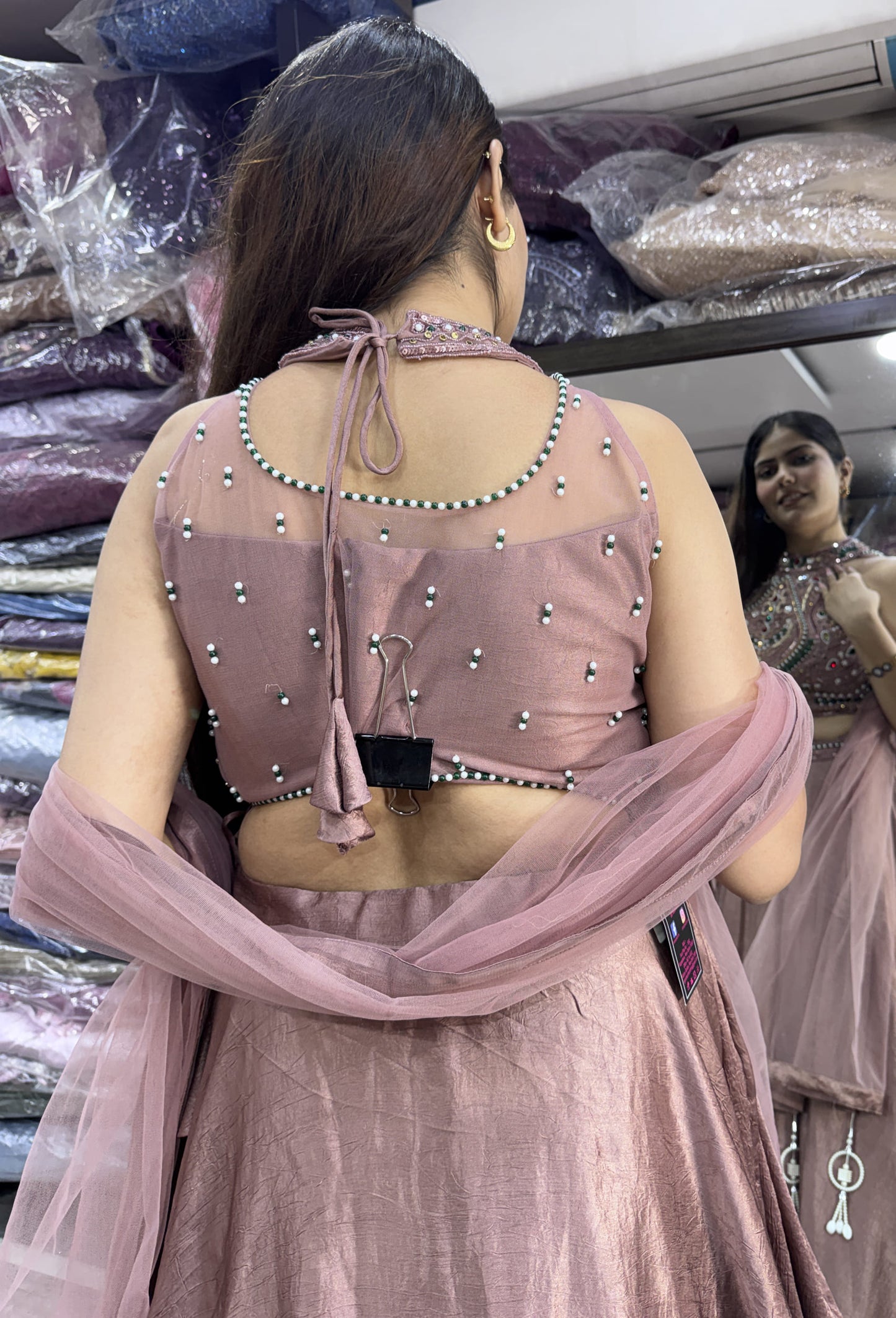 Halter Neck Emerald Stone Work Lehenga Choli with Net Dupatta