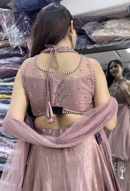 Halter Neck Emerald Stone Work Lehenga Choli with Net Dupatta