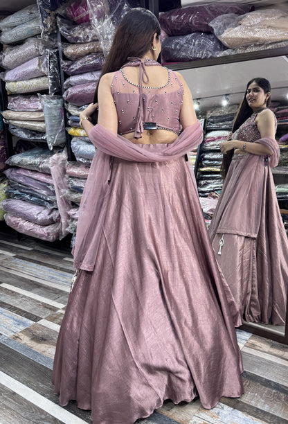Halter Neck Emerald Stone Work Lehenga Choli with Net Dupatta