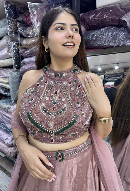 Halter Neck Emerald Stone Work Lehenga Choli with Net Dupatta