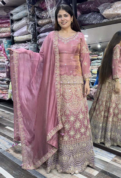 Designer Indo Western Lehenga Set with Embroidered Full Sleeves Short Shirt
