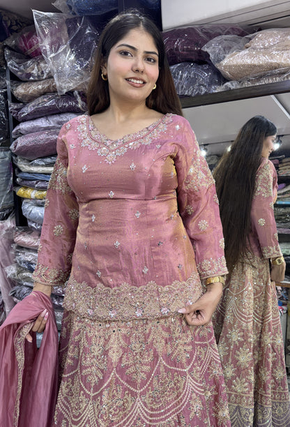 Designer Indo Western Lehenga Set with Embroidered Full Sleeves Short Shirt