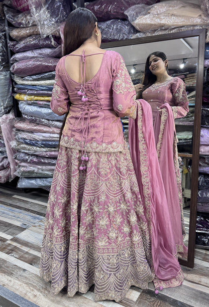 Designer Indo Western Lehenga Set with Embroidered Full Sleeves Short Shirt
