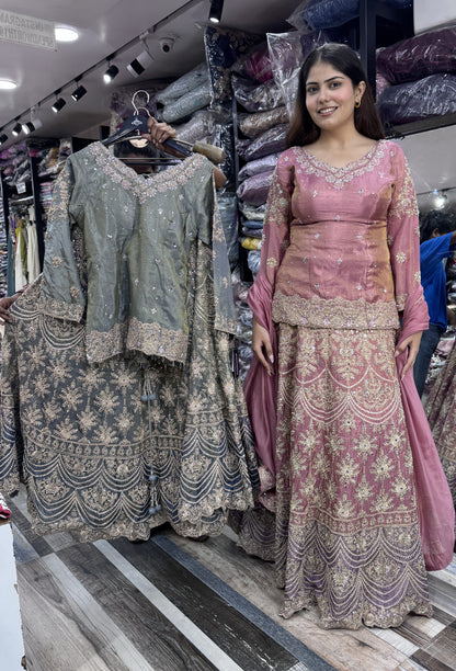 Designer Indo Western Lehenga Set with Embroidered Full Sleeves Short Shirt