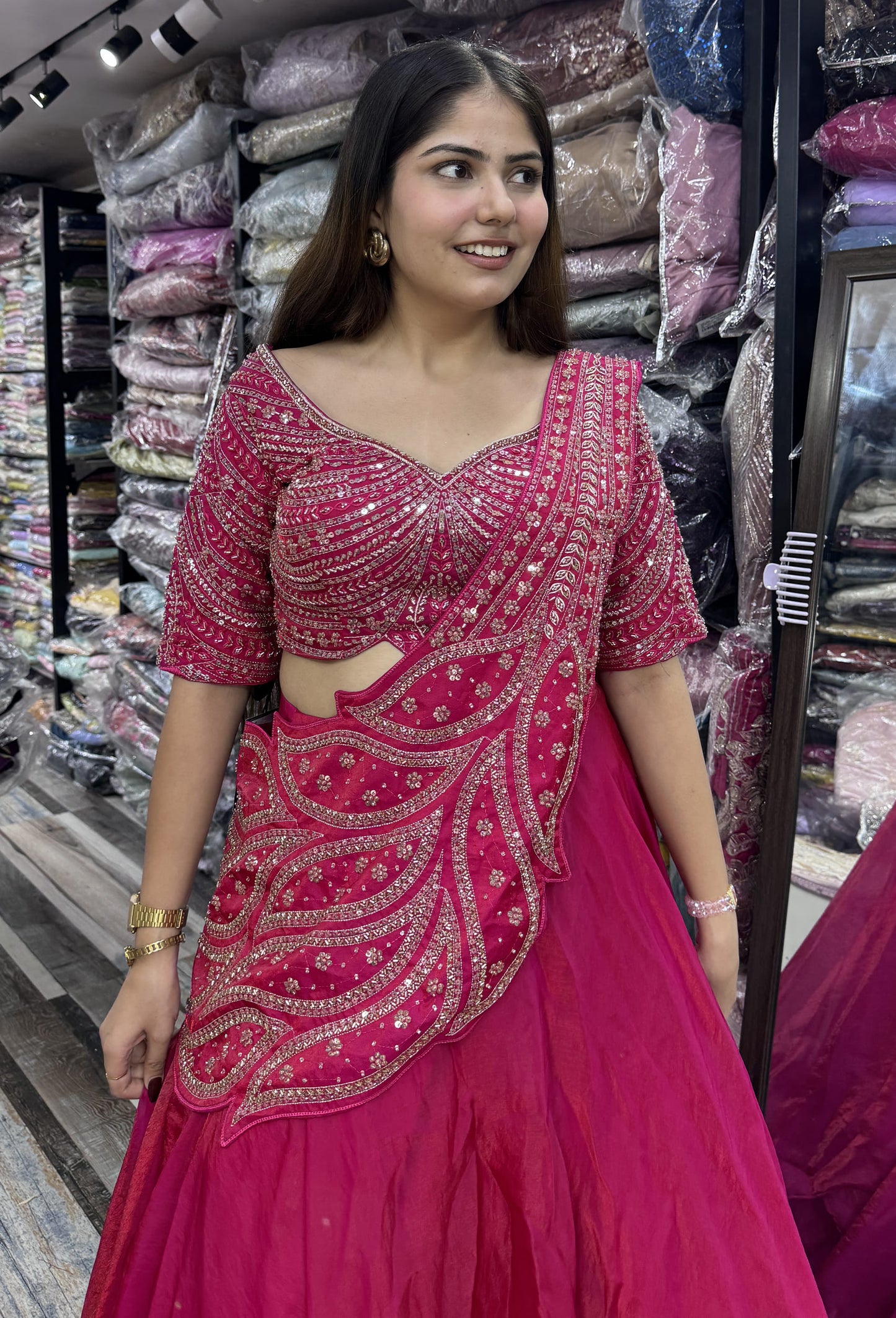 Designer Hand Beaded Saree Style Lehenga Choli with Connected Embellished Drape