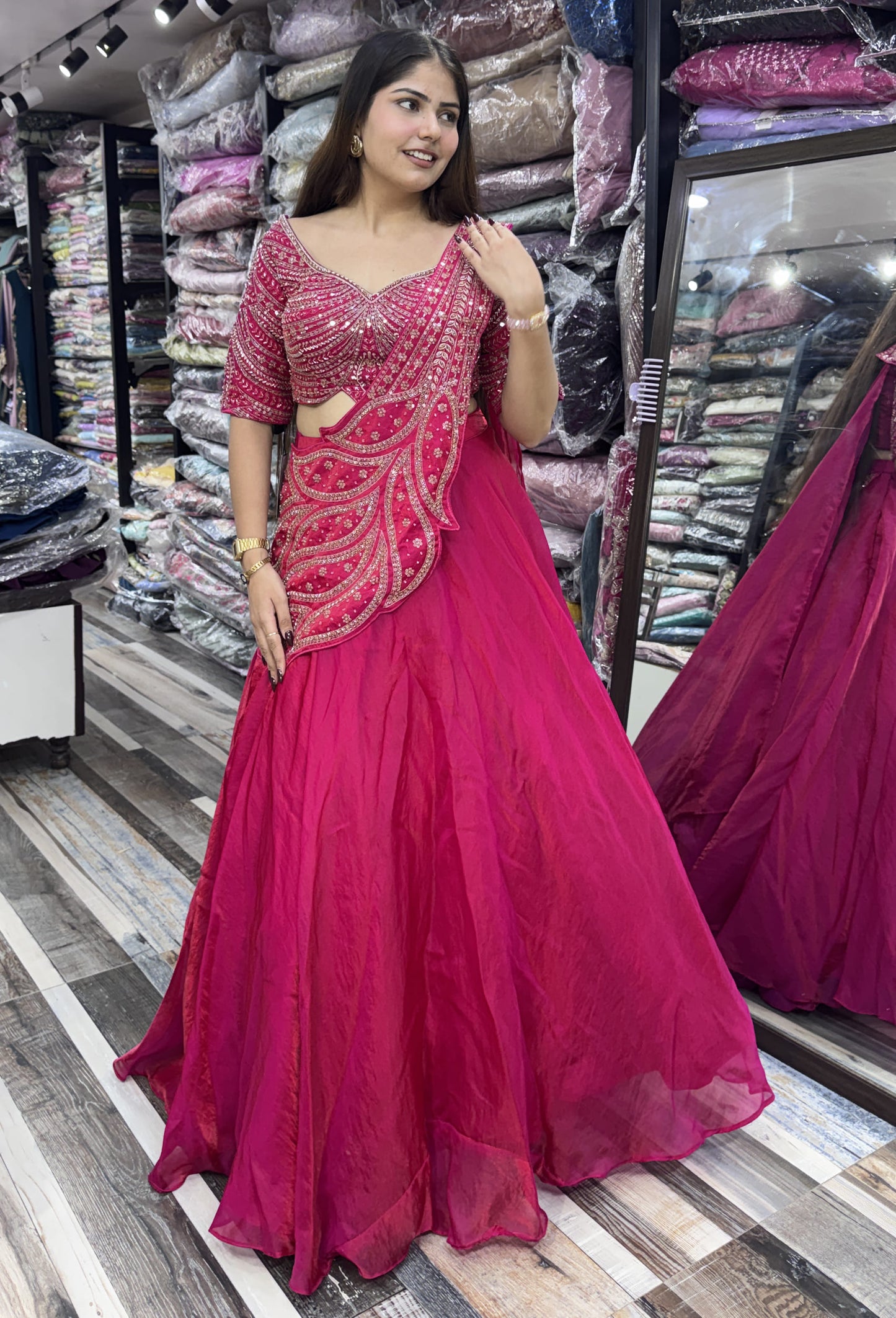 Designer Hand Beaded Saree Style Lehenga Choli with Connected Embellished Drape
