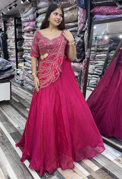 Designer Hand Beaded Saree Style Lehenga Choli with Connected Embellished Drape