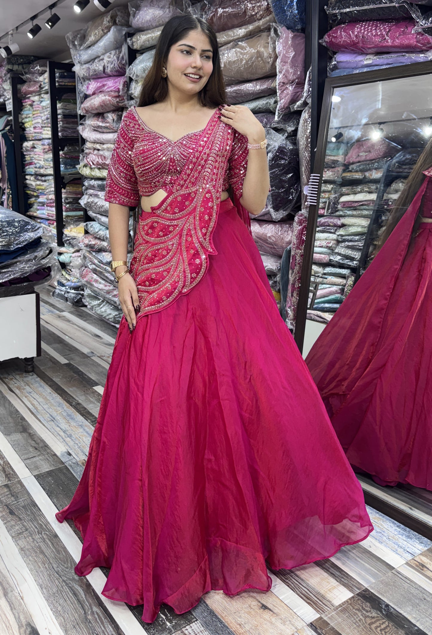 Designer Hand Beaded Saree Style Lehenga Choli with Connected Embellished Drape