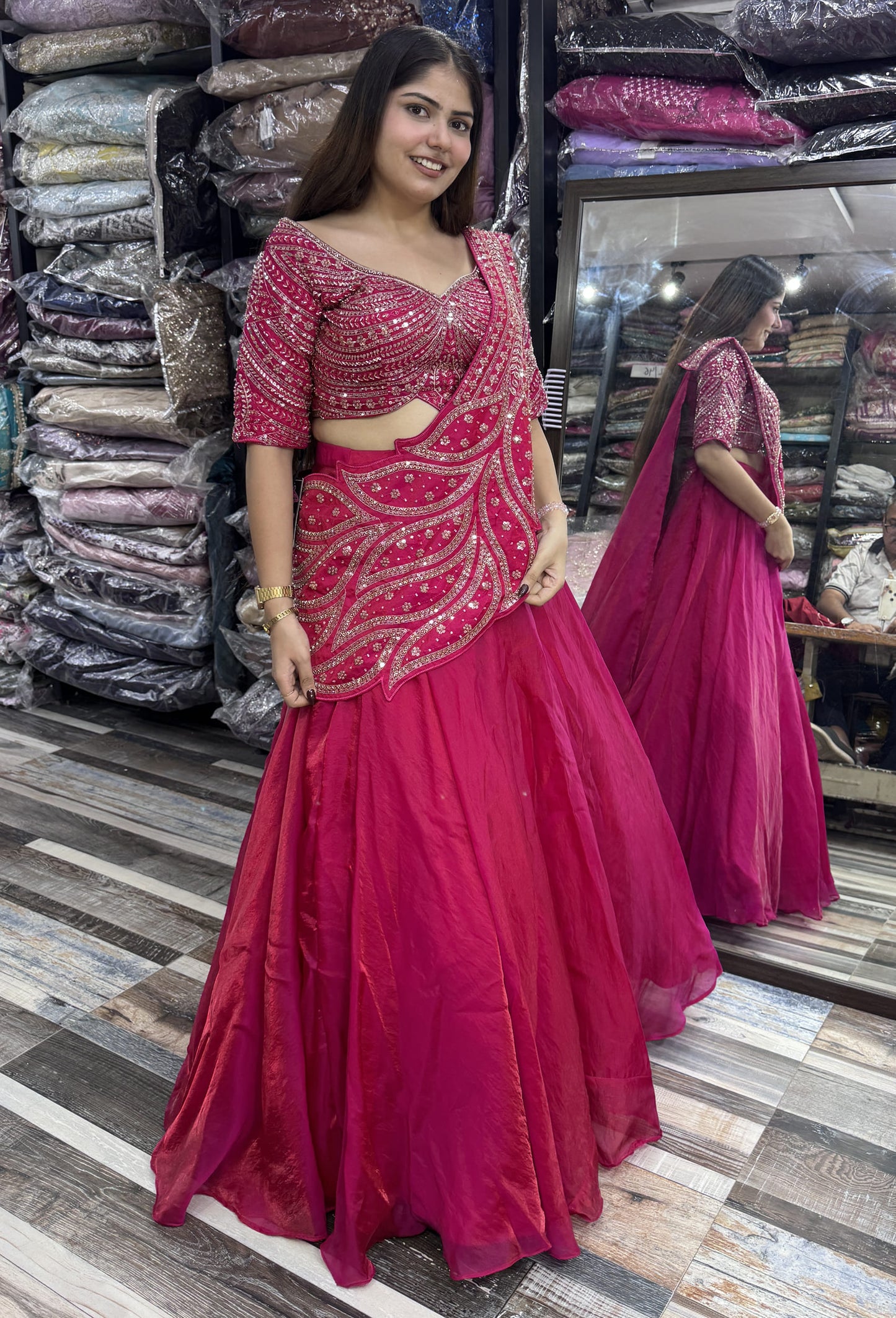 Designer Hand Beaded Saree Style Lehenga Choli with Connected Embellished Drape