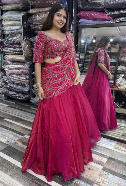 Designer Hand Beaded Saree Style Lehenga Choli with Connected Embellished Drape