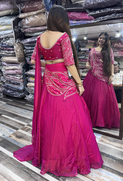 Designer Hand Beaded Saree Style Lehenga Choli with Connected Embellished Drape