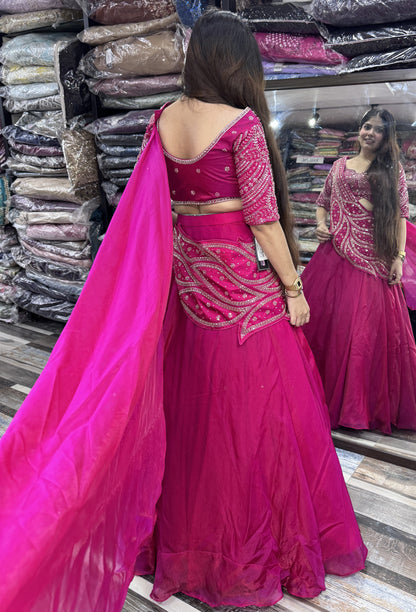 Designer Hand Beaded Saree Style Lehenga Choli with Connected Embellished Drape