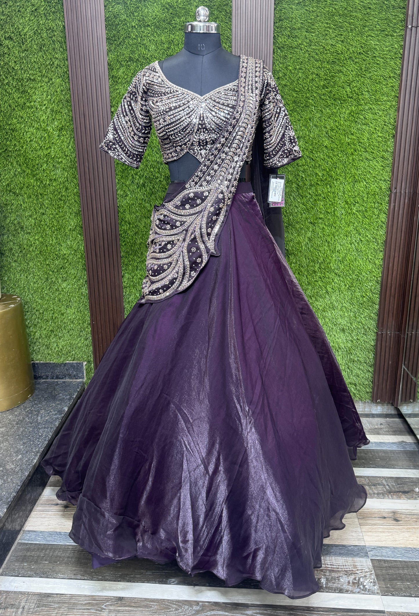 Designer Hand Beaded Saree Style Lehenga Choli with Connected Embellished Drape