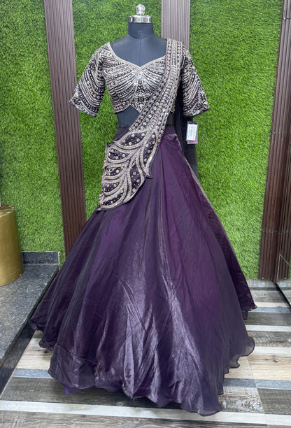 Designer Hand Beaded Saree Style Lehenga Choli with Connected Embellished Drape