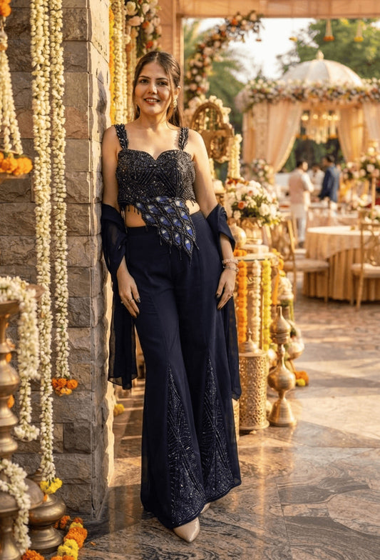 Designer Peacock Embroidered Georgette Crop Top Plazo Set with Dupatta