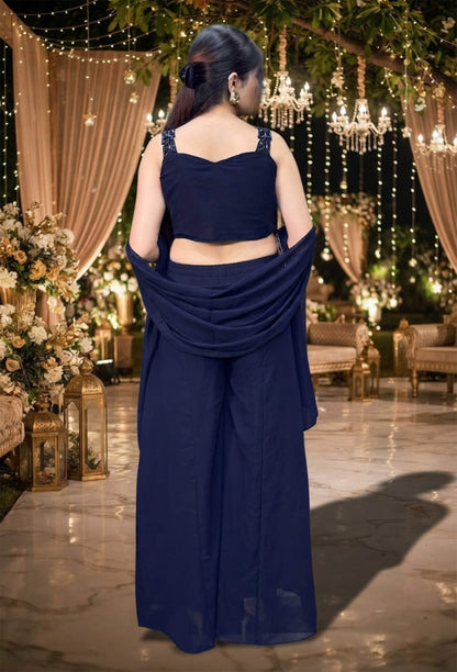 Designer Peacock Embroidered Georgette Crop Top Plazo Set with Dupatta