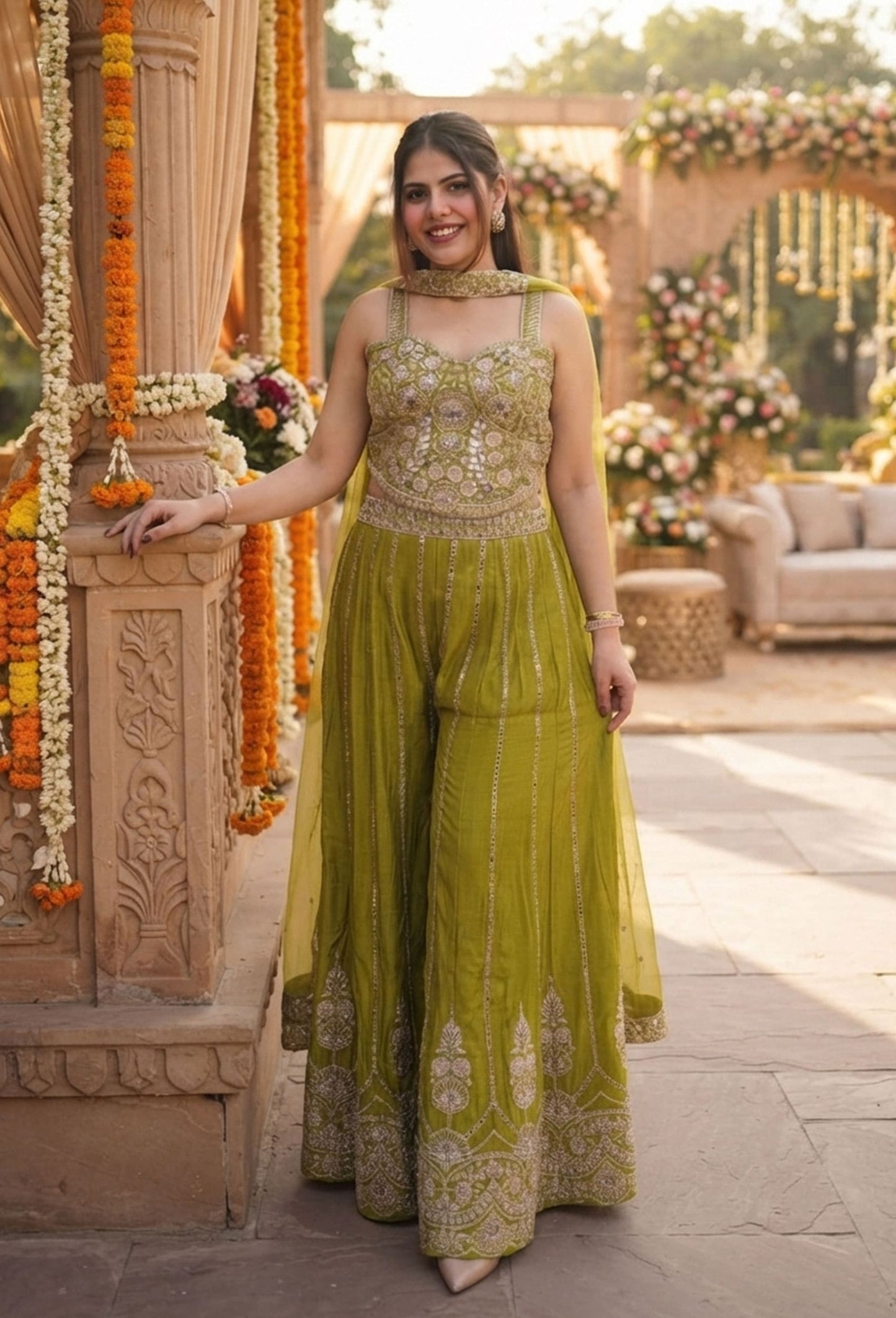 Women's Chinnon Silk Mirror Work Crop Top Sharara Set with Net Choker Dupatta