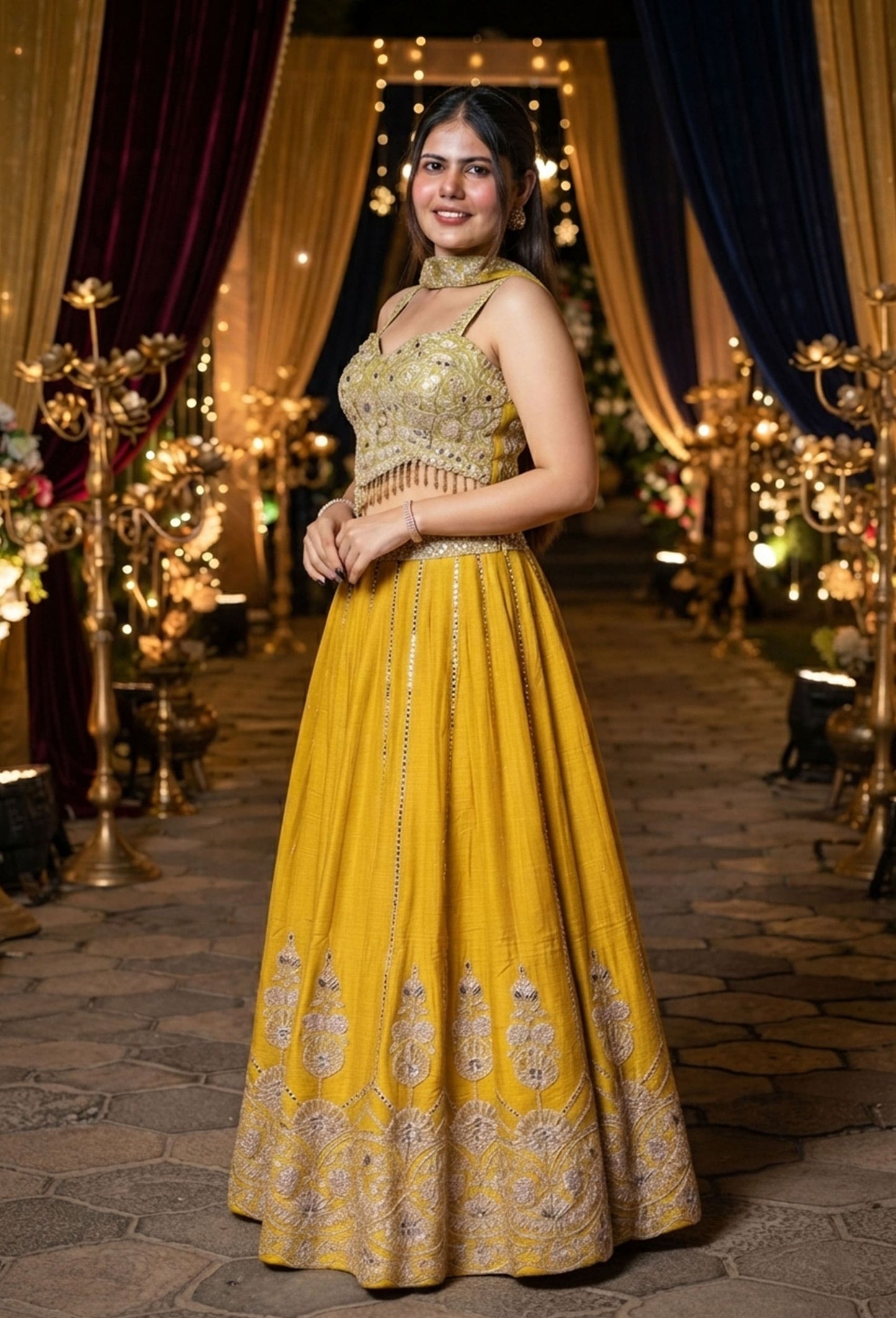 Women's Chinnon Silk Mirror Work Crop Top Sharara Set with Net Choker Dupatta
