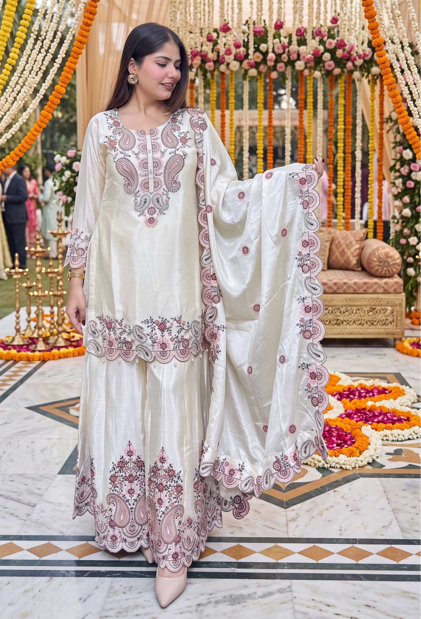 Designer Chinnon Silk Multi Thread Embroidered Sharara Suit Set with Embroidered Dupatta