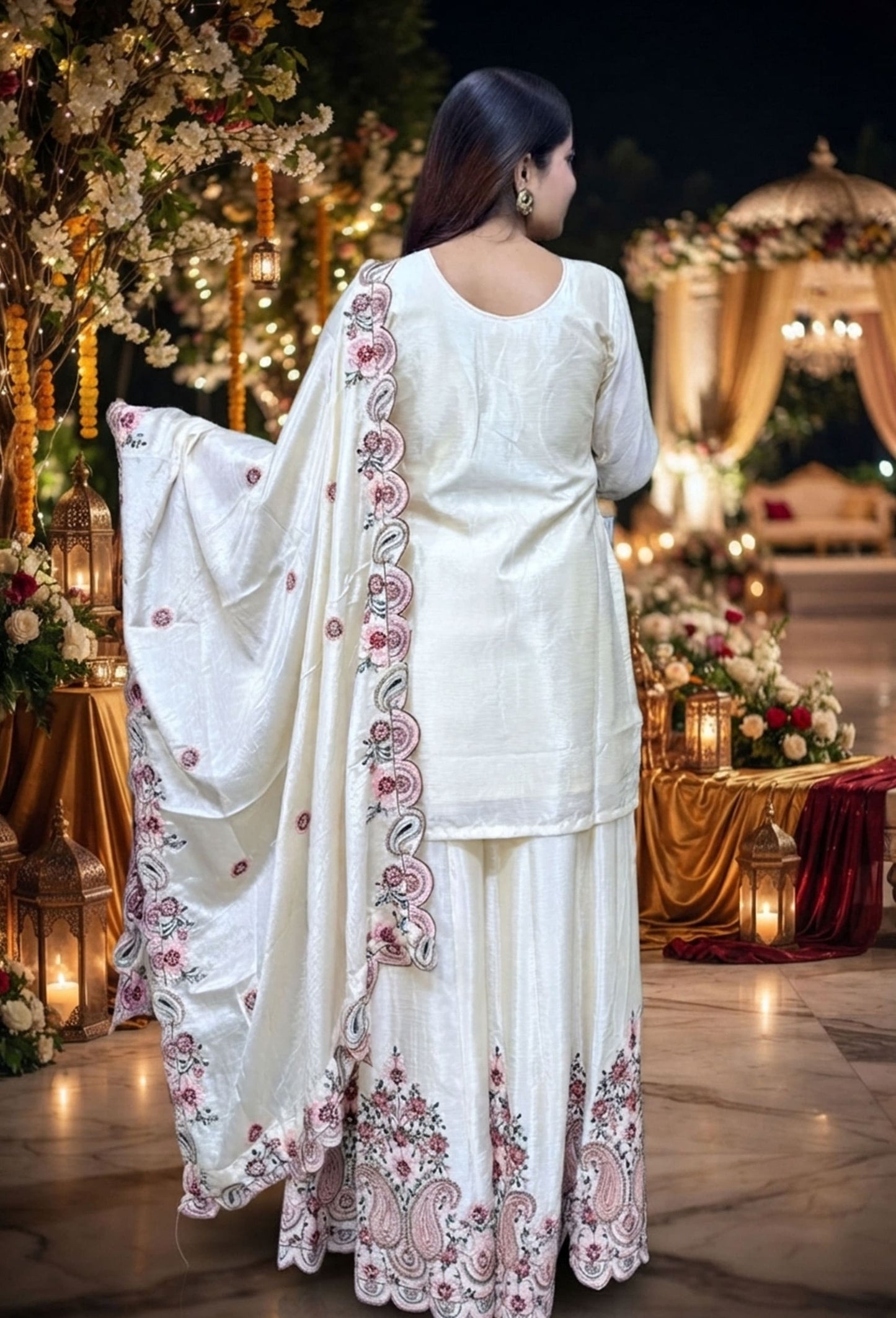 Designer Chinnon Silk Multi Thread Embroidered Sharara Suit Set with Embroidered Dupatta