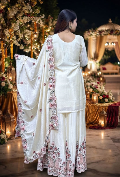 Designer Chinnon Silk Multi Thread Embroidered Sharara Suit Set with Embroidered Dupatta